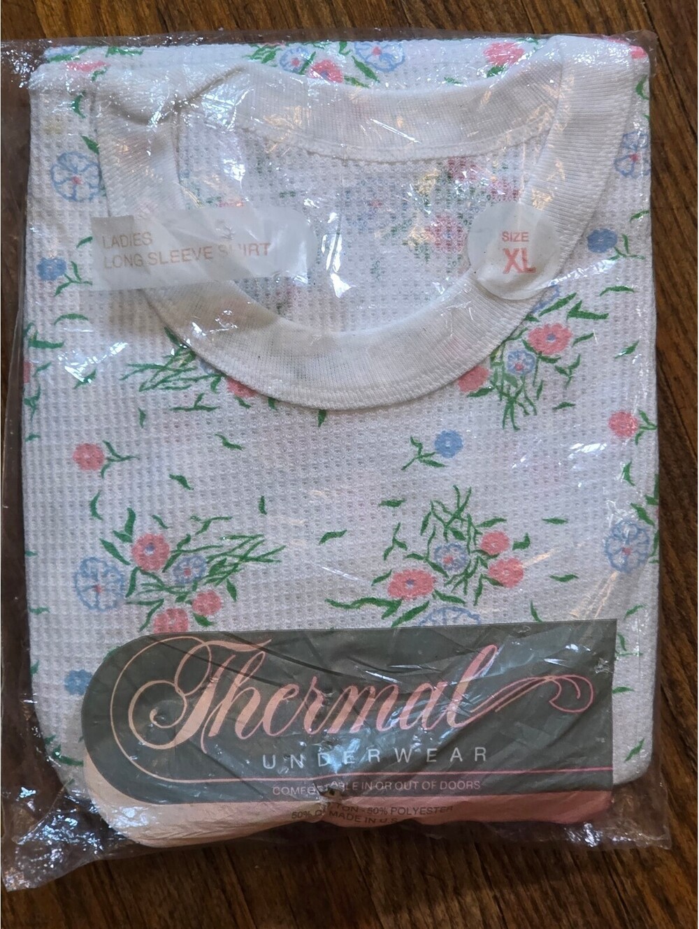 Vintage NIP Womens Thermal Underwear Shirt XL Floral Waffle Knit Made in USA